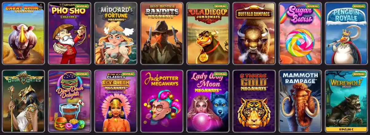 Catalogue de machines à sous Dragonia Casino avec différents thèmes, dont Great Rhino, Big Bucks Bandits, Sugar Burst et des jeux Megaways