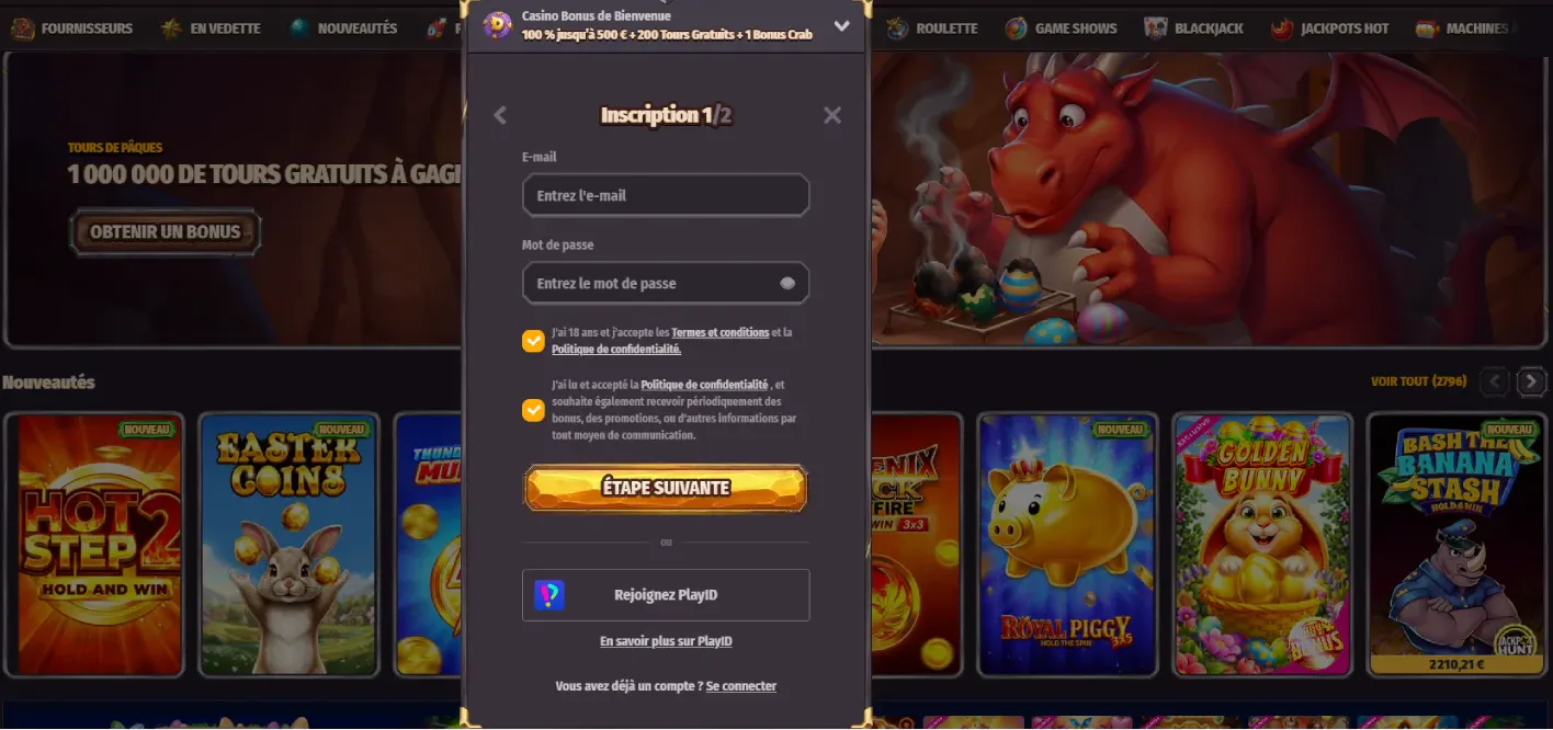 Formulaire d’inscription Dragonia Casino avec champs e-mail et mot de passe, confirmation de l’âge et accès aux jeux en arrière-plan